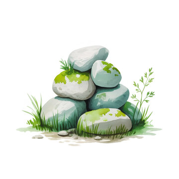 watercolor rocks pile green moss grass clip art preview