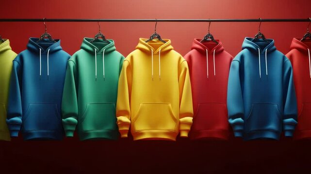 Row of colorful hoodies on hangers