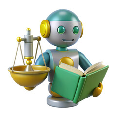 3d robot with scales of justice and book isolated on white background