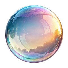 Colorful soap bubble reflects serene landscape with trees and soft sunset glow, creating magical atmosphere