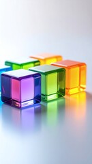 Colorful translucent cubes casting vibrant shadows on a reflective surface