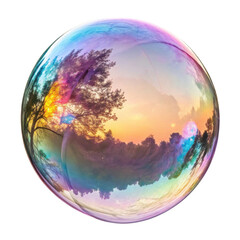 Vibrant soap bubble reflects beautiful sunset with colorful hues and silhouettes of trees creating serene atmosphere