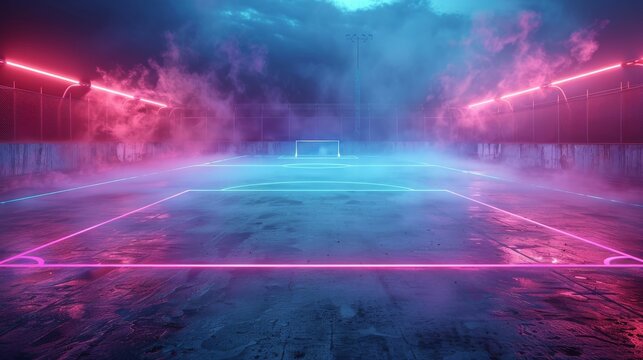 A stunningly illuminated soccer field at night creates a captivating atmosphere with vibrant neon lights, representing passion for sports and the thrilling energy of competition.