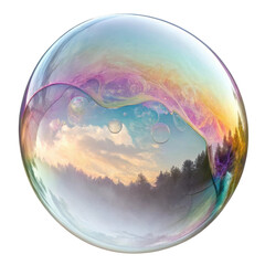 Colorful soap bubble reflects serene landscape with trees and vibrant sky, creating magical and dreamy atmosphere