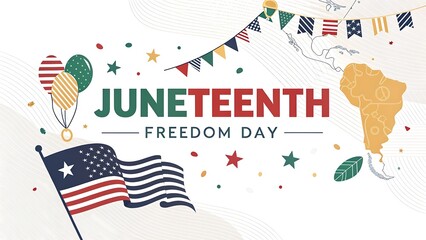 Obraz premium Juneteenth Freedom Day Celebration: A vibrant illustration commemorates Juneteenth, featuring the American flag, map, balloons, and celebratory elements symbolizing freedom, progress.