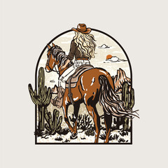 Cowgirl Riding Through Desert Vintage Scene