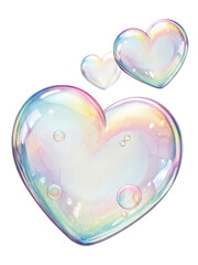 Colorful soap bubbles in heart shapes float gracefully, reflecting light and creating joyful atmosphere