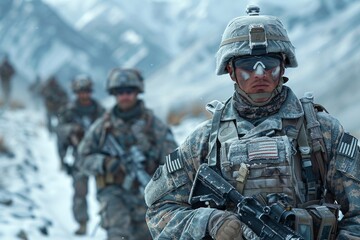 A group of soldiers clad in frost-covered gear is depicted braving harsh winter elements, embodying bravery, teamwork, and resilience in a rugged mountainous landscape.