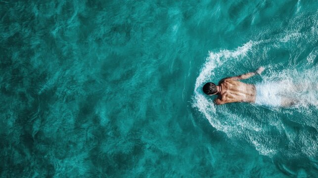 An aerial view of a swimmer gliding effortlessly through clear turquoise waters, representing freedom and connection to the ocean, evoking tranquility and adventure.