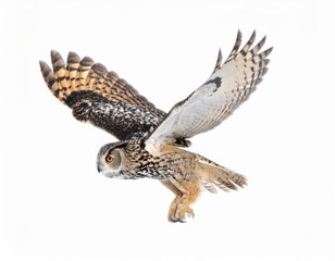 Fototapeta premium Owl flying over white background, no shadow