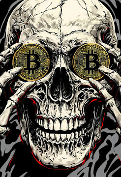 teschio umano con monete bitcoin nelle orbite vuote degli occhi come obolo a caronte, human skull with bitcoin coins in the empty eye sockets as a tribute to charon