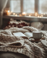 Fototapeta premium A cozy scene featuring a warm knitted blanket, an open book, and a steaming cup of coffee on a soft bed. Soft lighting and candles create a relaxing atmosphere.