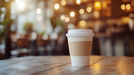 Empty coffee cup mockup placed on a cafe table, background wallpaper AI generated image