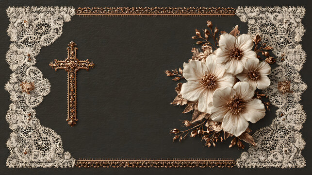 Elegant first communion invitation design with cross and floral lace decorations. Template with cross and flowers. Copy space. For wedding, baptism