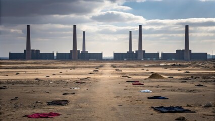 Obraz premium Industrial landscape featuring large smokestacks and a barren foreground under a cloudy sky.