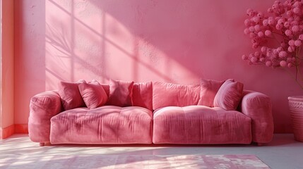 A chic pink couch placed against a soft pink wall, accentuated by natural light that creates a harmonious and inviting atmosphere in a beautifully designed living space.