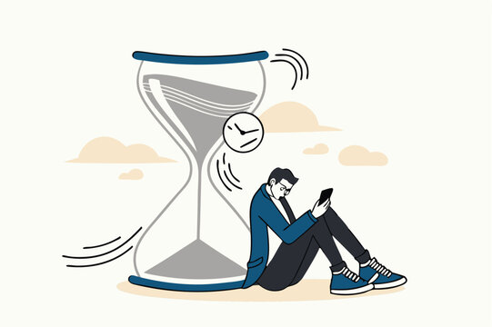 Screen time, doom scrolling or wasted time using smartphone, staying late night with mobile addiction concept, exhausted man sitting with sandglass using smartphone with bright light on his face.