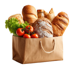 Freshly baked bread juicy tomatoes and greens in paper bag kitchen table food natural light