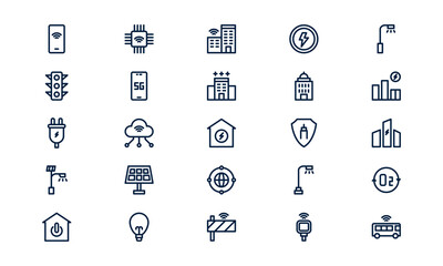 Smart city icon representing futuristic urban technology, sustainable infrastructure, and digital innovation in outline style