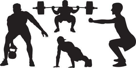 Vector silhouettes of athletes performing kettlebell lifts, squats, push-ups, and weightlifting exercises. Perfect for fitness, gym, and workout designs, men silhouette isolated on white background.