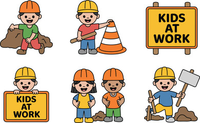 Cute cartoon kids at work illustration set construction theme
