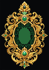 Luxurious Baroque Ornate Oval Frame with Gold Scrollwork and Emerald Accents on Black Background