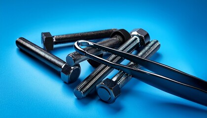 close up of black bolts for fastening car wheels with special tweezers on blue background