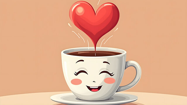Coffee cup with smiling face and red heart steam love design illustration