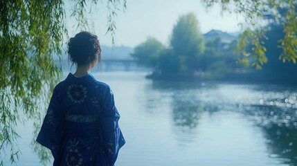 Woman in traditional clothing by a serene river