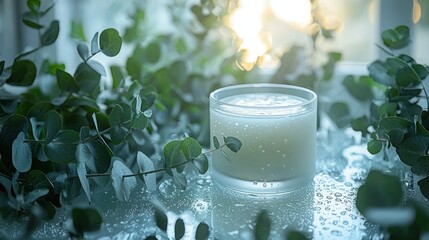Peaceful, milky candle surrounded by eucalyptus