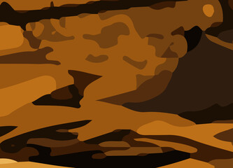 camouflage-style abstract pattern in earthy brown and orange tones. The design includes irregular, fluid shapes in varying shades, Burnt orange, Sienna, Tan, Chocolate brown, Dark coffee black wall