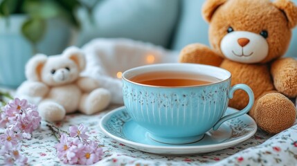 Fototapeta premium Cozy teacup, teddy bears, flowers