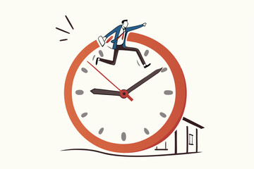 Work efficiency, time management to help finish multitasking work or smart productivity concept, confident businessman holding suitcase jumping on clock hands metaphor of time management.