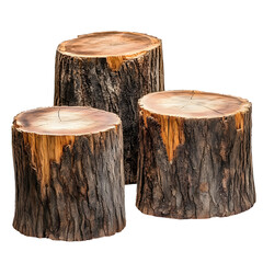 Three Rustic Tree Stumps with Natural Bark and Cut Surfaces