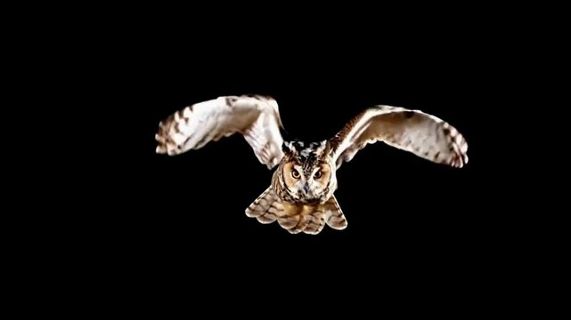 Long eared owl in flight, slow motion on black background