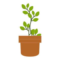 Minimalist Organic Potted Plant Illustration, Flat Design Green Leaf Plant in Simple Pot Isolated on White. Sustainable July Concept