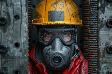 Fototapeta premium A close-up photograph of an industrial worker wearing protective gear, emphasizing safety and resilience amidst a rainy backdrop, highlighting the human spirit in challenging conditions.