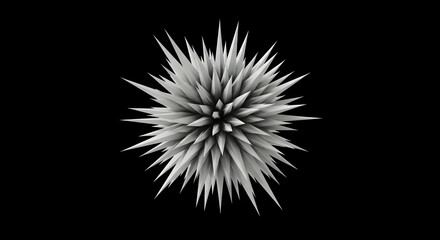 Abstract spiky sphere with sharp white thorns on a stark black background