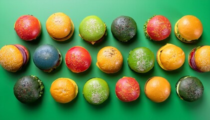 Obraz premium colorful mini burgers on a green background food photography creative display top down perspective