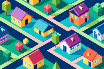 Colorful Isometric Suburban Neighborhood Vector with Grid Streets, Vibrant Houses, and Green Trees			