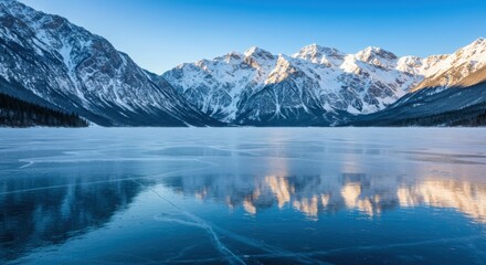 Frozen lake reflecting snow capped mountains