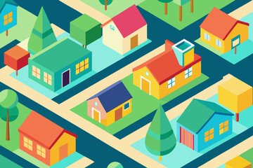 Colorful Isometric Suburban Neighborhood Vector with Grid Streets, Vibrant Houses, and Green Trees			