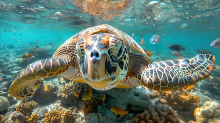 Obraz premium A stunning underwater scene featuring a sea turtle gracefully swimming among colorful coral, highlighting the beauty and diversity of marine life in its natural habitat.
