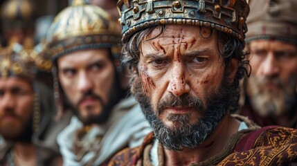 Obraz premium An intense portrait from a historical scene, highlighting expressions of emotion and drama through detailed costumes and strong facial features, evoking timeless storytelling.