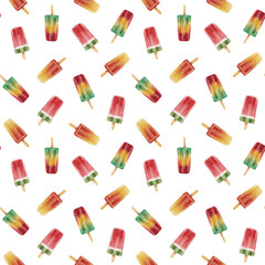 Seamless popsicle pattern. Hand painted watercolor ice cream in red, yellow and green colors. Fun and colorful summer themed design, perfect for kids apparel, digital paper, packaging and fabric print