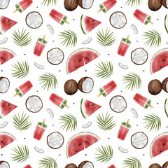 Tropical summer seamless pattern with watermelon slices, coconuts, palm leaves, and popsicles. Hand-painted watercolor design. for summer fabric, kids' apparel, wrapping paper, and digital projects.