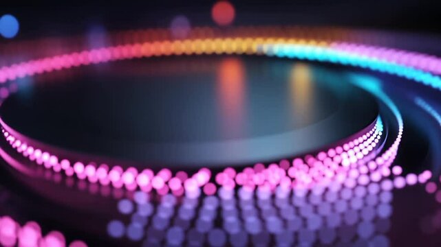 Colorful lights and circular patterns create an engaging visual display at a lively music event in an urban setting