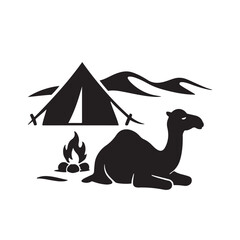 Camel Resting Near Tent and Campfire in Desert Landscape