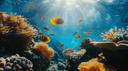 Obraz premium A vibrant underwater landscape teeming with life, featuring various colorful fish swimming among coral formations, showcasing the beauty and diversity of marine ecosystems.