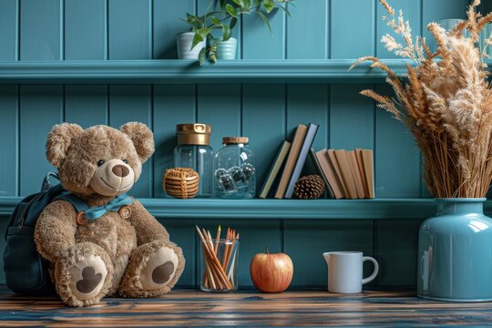A charming and cozy interior scene featuring a teddy bear with a backpack set against a backdrop of books, an apple, and other warm decor elements, inviting a feeling of nostalgia.